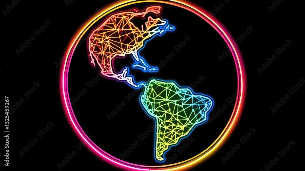 Poster a neon-outlined globe with interconnected data points.