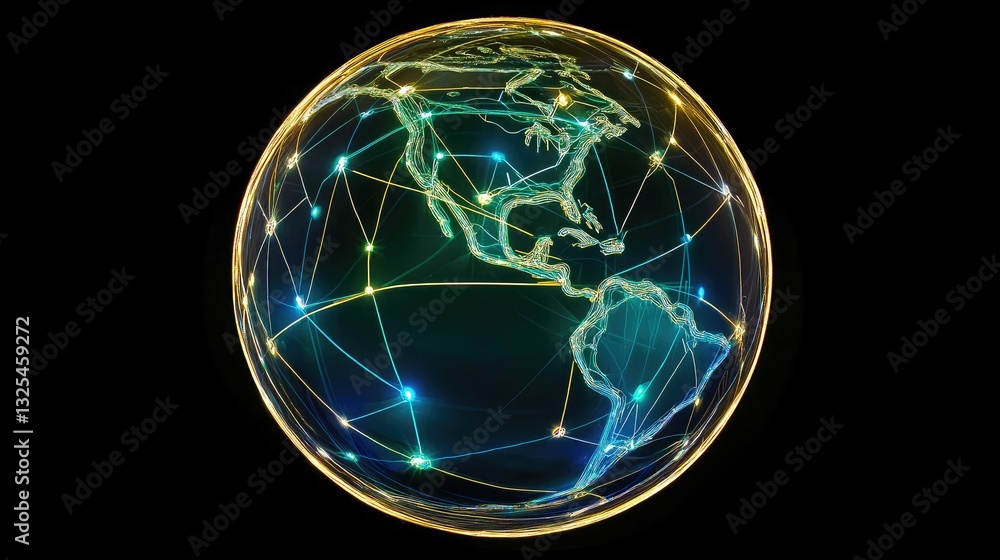 Poster a neon-outlined globe with interconnected data points.