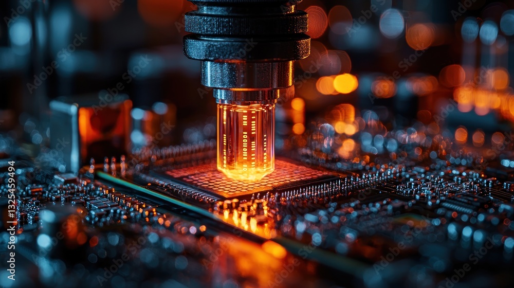 Poster close-up of glowing component being installed onto a circuit board.