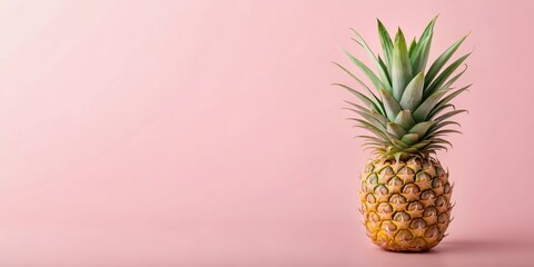 Fototapeta premium Pineapple on a soft pink background with a few leaves scattered around