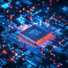 Obraz premium Central processing unit with glowing blue and orange lines on a dark circuit board.