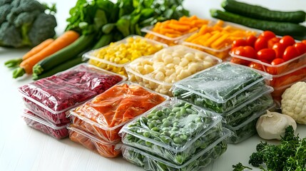 Fototapeta premium Set with frozen vegetables in plastic bags