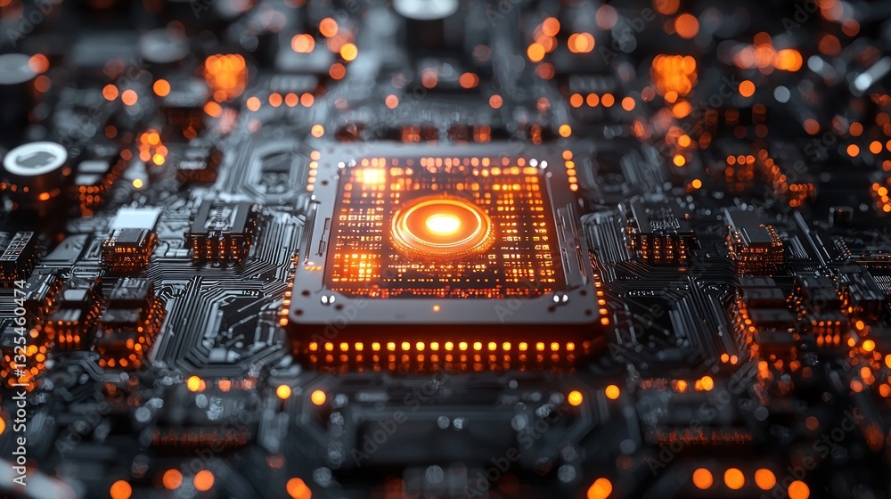 Poster close-up of illuminated cpu on circuit board. (2)