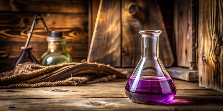 Vintage glass flask filled with vibrant purple liquid in a wooden environment, beverage, still life,  beverage