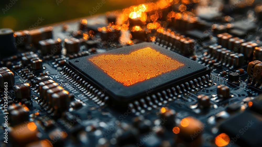 Poster close-up of glowing cpu on circuit board.