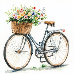 Illustration shows freedom, joy with basket of flowers on bicycle