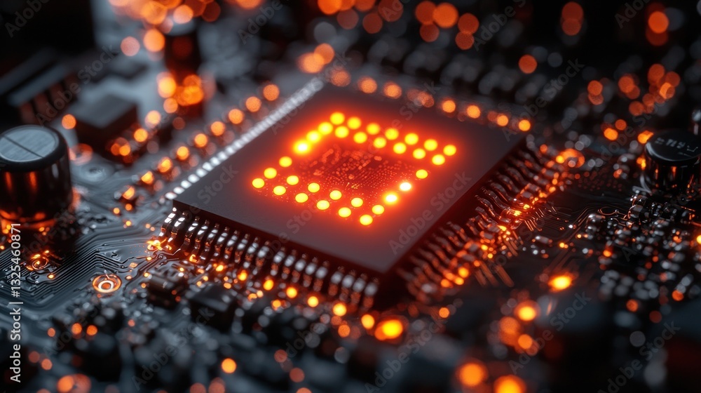 Poster illuminated cpu on circuit board.