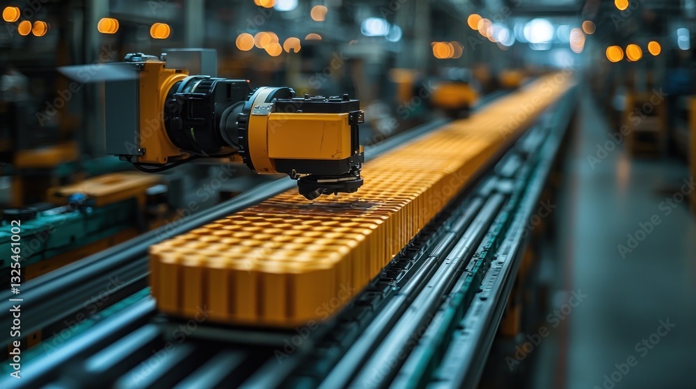 Aufkleber automated robotic arm assembling yellow parts on a conveyor belt in a factory.