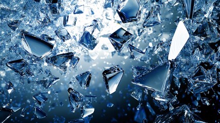 A close-up of shattered glass suspended in mid-air, capturing the dynamic shards and reflections. Perfect for concepts of chaos, motion, or abstract art