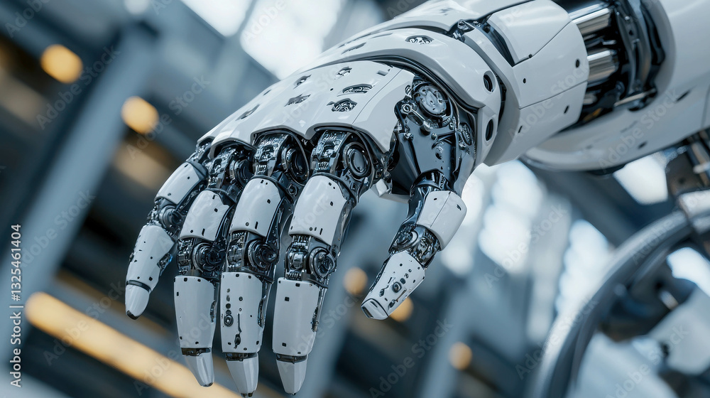Poster robotic arm assembling intricate components in a massive industrial environment