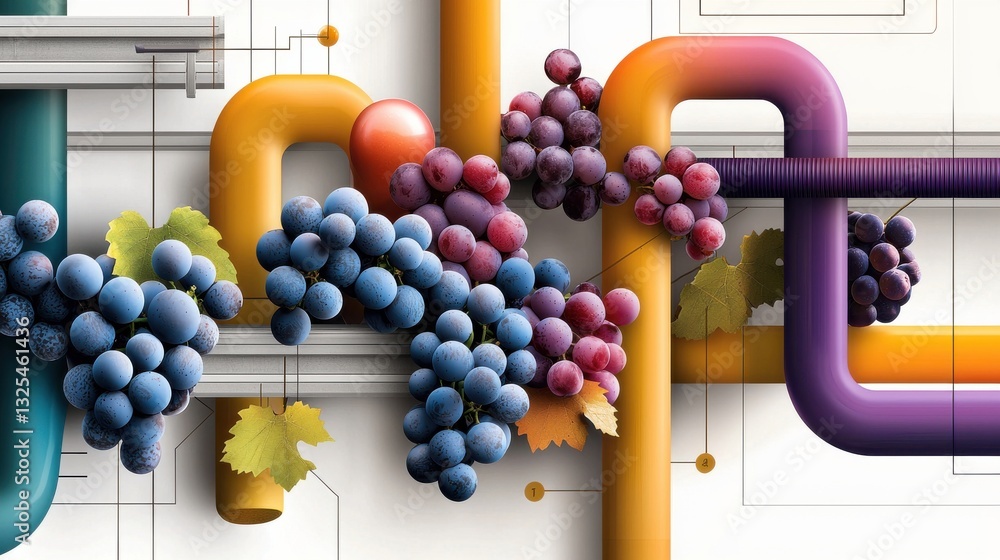Poster a colorful image of grapes and a red ball is displayed on a white background