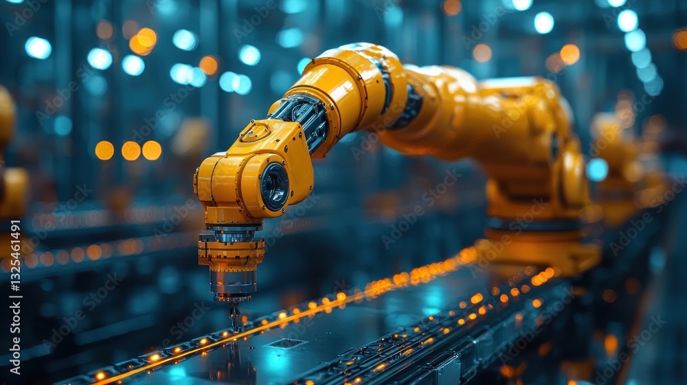 Poster yellow robotic arm performing precision task on assembly line.