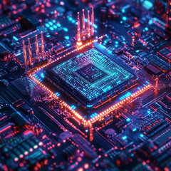 Obraz premium Intricate computer microchip with glowing blue and red circuitry in a digital setting.