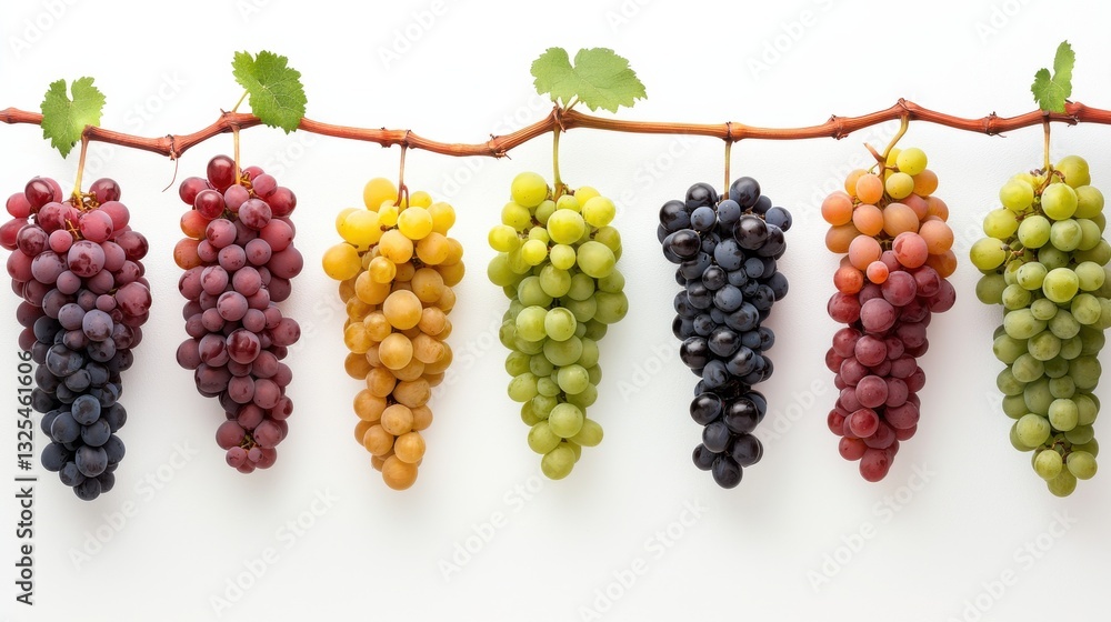 Poster a row of grapes hanging from a branch, with each grape being a different color
