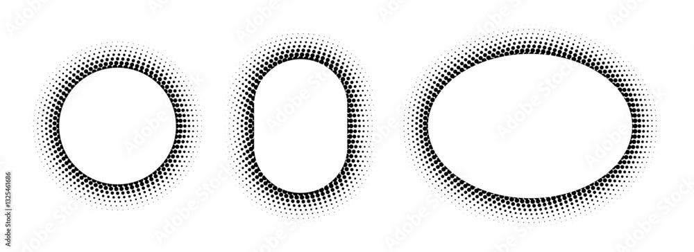 Poster black halftone ellipse frame set. round dotted gradient border collection. pop art comic dot picture