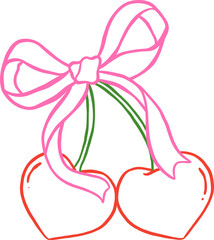 Coquette Cherries Heart Shaped Ribbon Bow Trendy Outline Minimal Line Art Hand Drawn Doodle