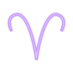 A vibrant neon illustration of the Aries zodiac symbol glowing in purple, representing astrology, leadership, determination, and fire sign energy