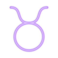 A vibrant neon illustration of the Taurus zodiac symbol glowing in purple, representing astrology, stability, determination, and earth sign energy