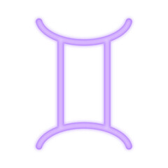 A vibrant neon illustration of the Gemini zodiac symbol glowing in purple, representing astrology, communication, adaptability, and air sign energy