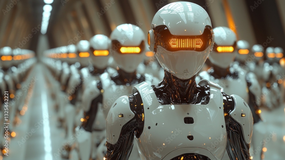 Poster futuristic robots marching in a corridor.
