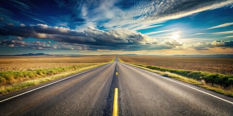 Naklejka premium A vast road stretches into the distance with three parallel pathways diverging from it, each path disappearing into the horizon