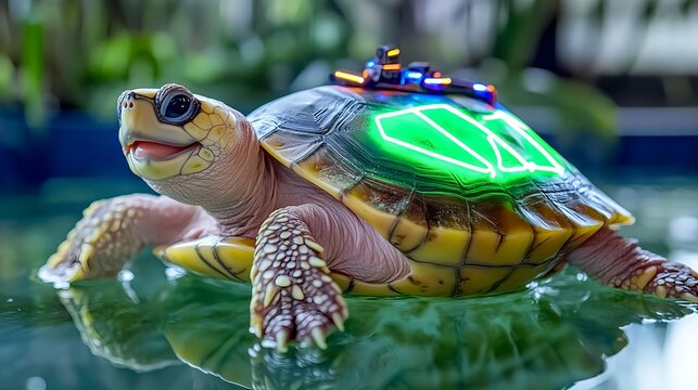 Cute Turtle with Neon Lights,  Stock Photo - Neon/fluorescent colors