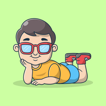Cute cartoon boy character with sunglasses in relax pose