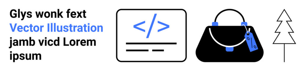 Code snippet with development tags, modern handbag with tags, and minimal pine tree icon. Ideal for technology, fashion, shopping, coding, branding, simplicity flat landing page banner