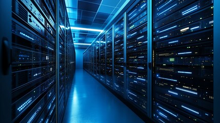 Fototapeta premium Server Room Data Center with Rows of Rack Mounted Servers