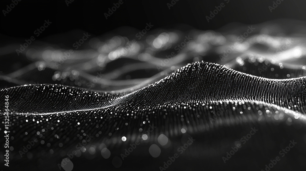 Poster abstract grayscale particles forming dynamic waves in a dark digital space