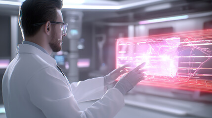 Innovative scientist interacting with advanced technology display in modern laboratory environment