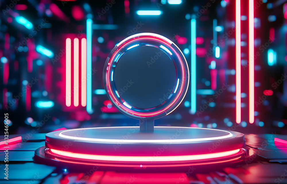 Poster dynamic neon sphere display futuristic environment 3d render technology concept digital art