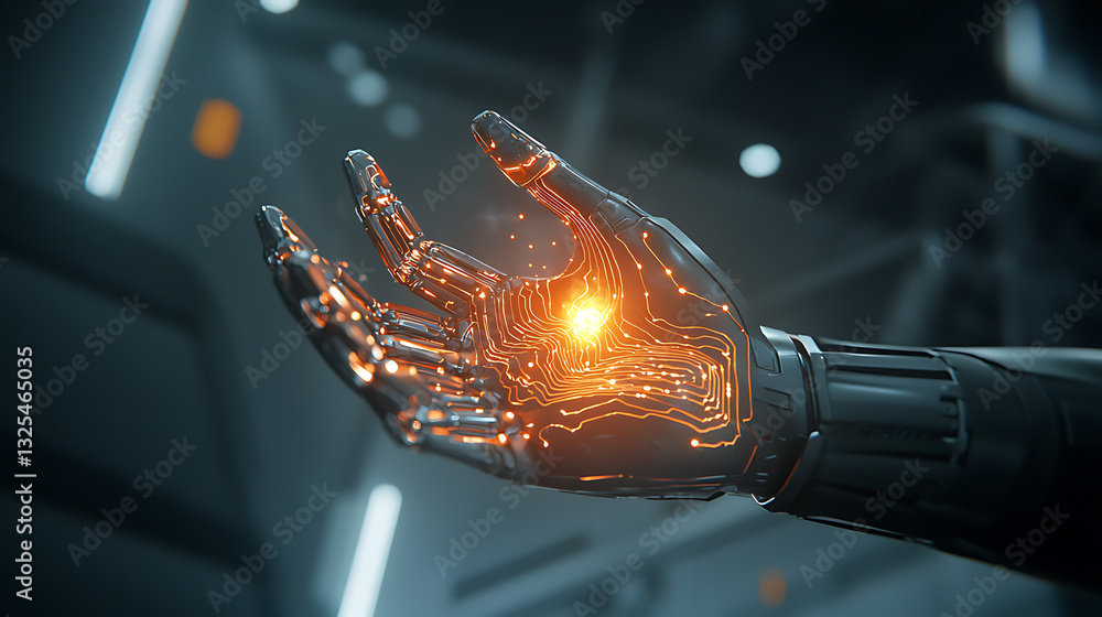Poster robotic hand operating with energy core futuristic laboratory digital art sci-fi setting close-up vi