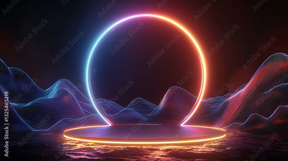 Poster dynamic neon circle animation virtual studio graphic design modern environment artistic perspective 