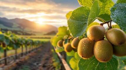 A bunch of green kiwi fruit hanging from a vine