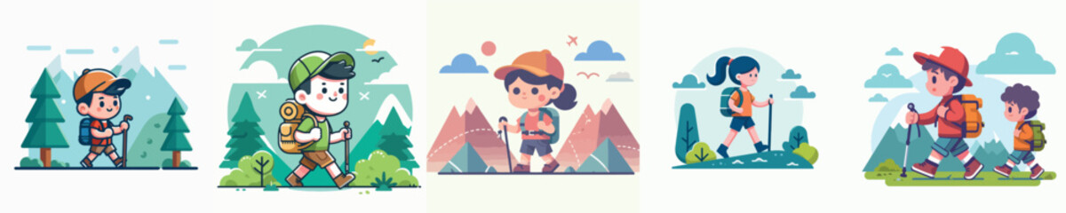 Naklejka premium Hiking Kids Vector Set Image