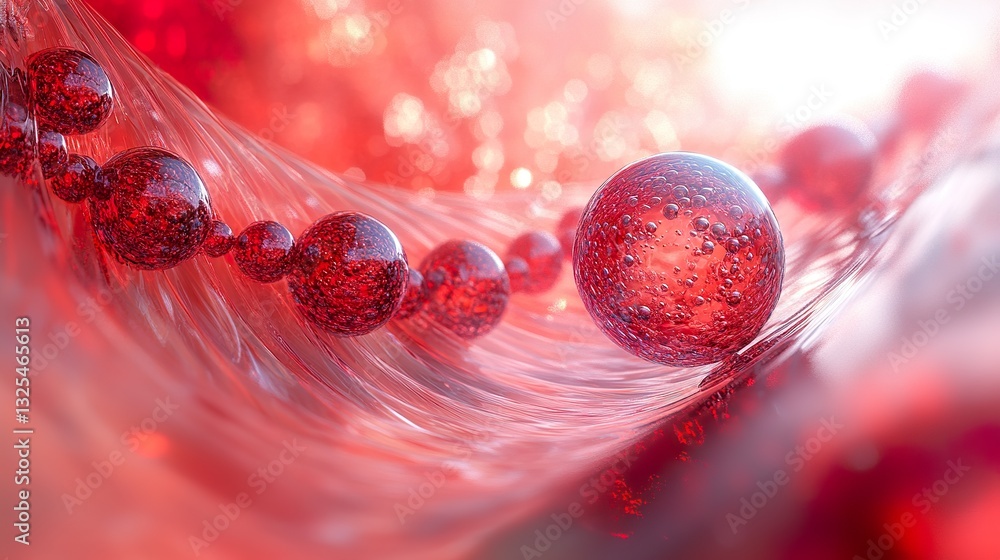 Poster red spherical objects are in a smooth curved fluid form