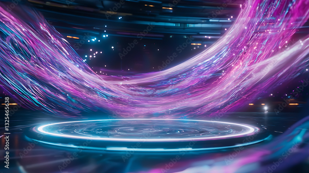 Poster dynamic energy wave action in futuristic virtual environment sci-fi setting digital art perspective