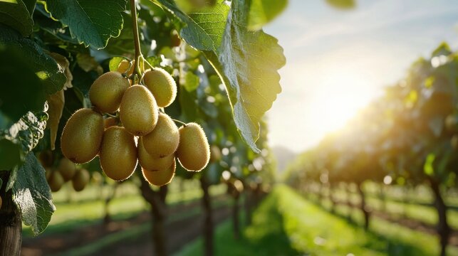 A bunch of green kiwi fruit hanging from a tree