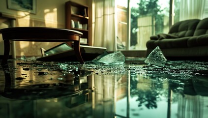 Shattered Glass: Flood Aftermath in a Living Room, Reflecting Sunlight and Damage.