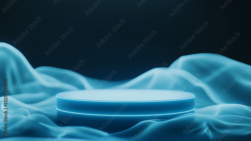 Poster illuminated circular platform surrounded by ethereal fabric studio setting digital art abstract desi