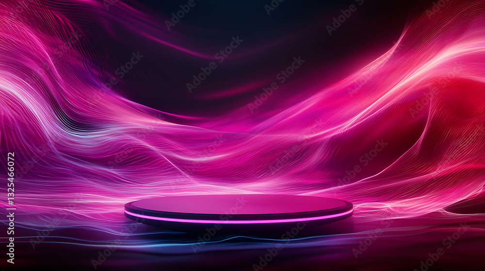 Poster dynamic light waves creating a futuristic stage digital studio abstract art dark environment wide an