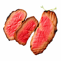slices of gourmet medium rare steak isolated on the white background