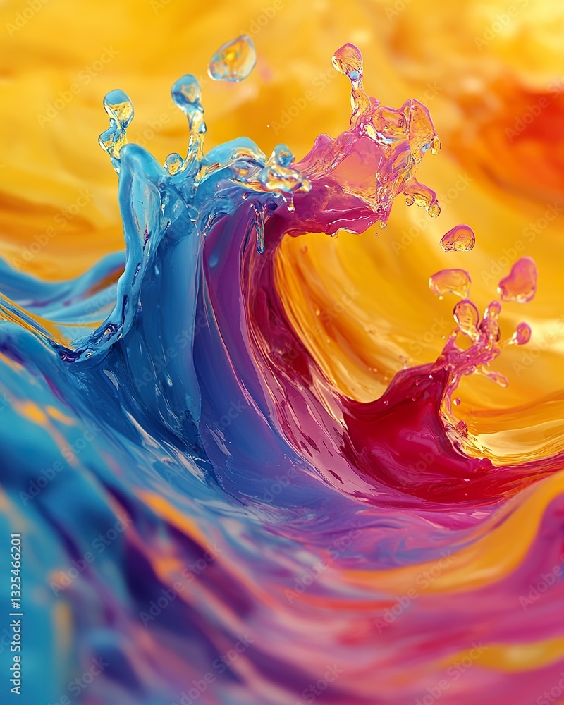 Poster vibrant colored liquids splash and blend together creating a unique wave