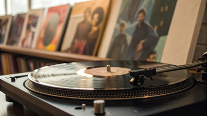 Close-up of a vinyl record spinning on a turntable, symbolizing music collection and nostalgia, with blurred album covers in the background. Music and retro concept.