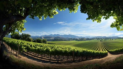 Obraz premium A beautiful vineyard with a large tree in the foreground