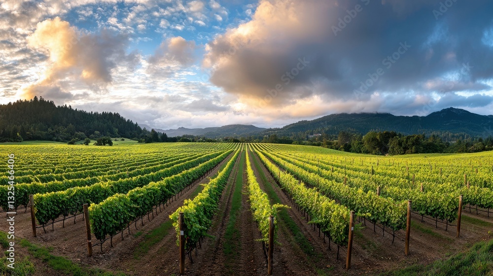 Poster a large field of grape vines with a cloudy sky in the background