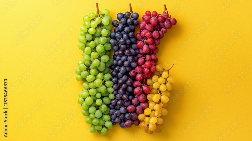 Poster a bunch of grapes in different colors are displayed on a yellow background