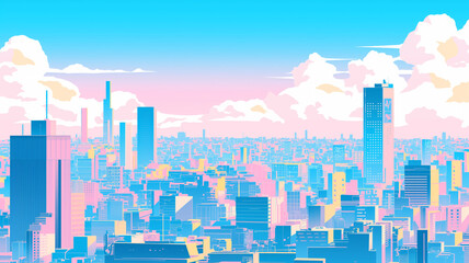 Fototapeta premium ピンクとブルーのグラデーションが美しい夕焼けの都市風景｜シティポップ風のレトロモダンな高層ビル群｜SFアニメのような未来都市の幻想的な夜景｜ノスタルジックな80年代スタイルの都会の夕暮れ