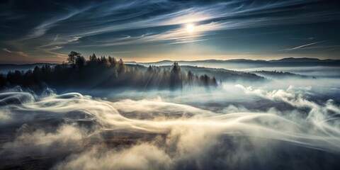 Fototapeta premium Misty atmosphere with a hazy cloud of fog floating above a darkened landscape, with wispy smoke trails blending into the background, atmospheric conditions, misty scene